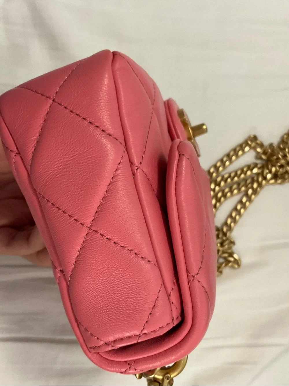 22P Pink Enamel Lambskin Quilted Pending CC Small Square Flap Aged Gold Hardware